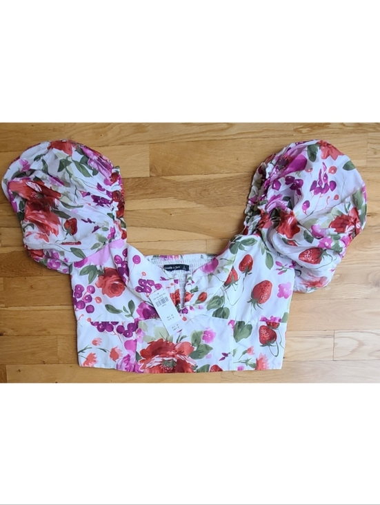🆕️Abercrombie & Fitch Drama Puff Sleeve Sweetheart Top Floral Bloomcore Large - Picture 8 of 9